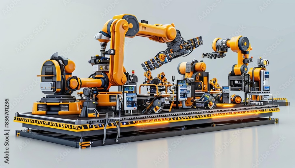 3D Model Abstract Art of Welloiled industrial abstract robot choreography on an assembly production line