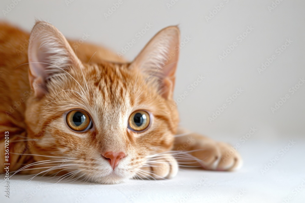 Close-up of an adorable orange tabby cat lying down, looking with wide eyes, against a plain background. Close-up of an adorable orange tabby cat lying down, looking with wide eyes, against a plain background.