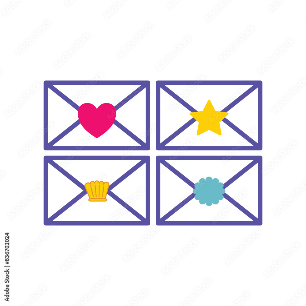 illustration of an envelope icon decorated with hearts, stars, shells and clouds. Message icon design elements that are suitable for user interface design in messaging applications. illustration of an envelope icon decorated with hearts, stars, shells and clouds. Message icon design elements that are suitable for user interface design in messaging applications.