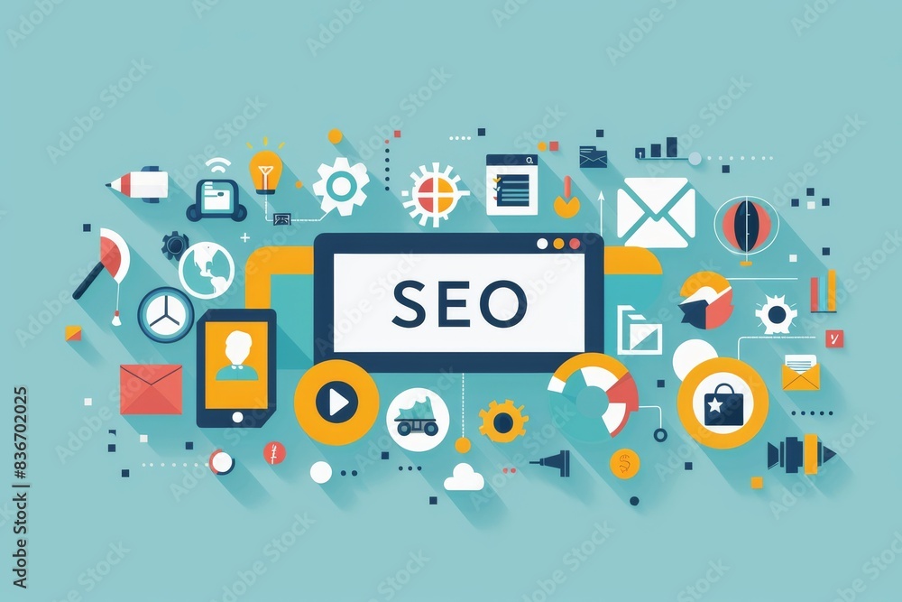 Colorful flat design SEO concept illustration featuring digital marketing icons, strategy tools, and devices for web optimization. Colorful flat design SEO concept illustration featuring digital marketing icons, strategy tools, and devices for web optimization.