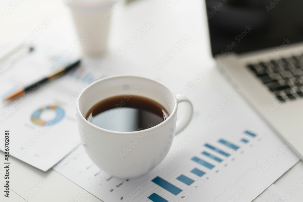 Cup of coffee on a desk with business charts and a laptop, depicting a workspace environment focused on analysis and productivity. Cup of coffee on a desk with business charts and a laptop, depicting a workspace environment focused on analysis and productivity.