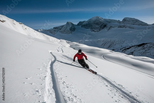 Skier tracks in fresh snow alone on the italian alps