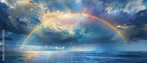 Rainbow arches gracefully against dark clouds over the sea Evokes divine blessing, wishes fulfilled photo