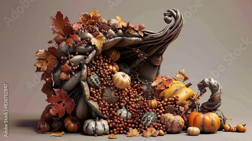 3D Model Abstract Art of Autumnal cornucopia abstract sculpture overflowing with Thanksgiving harvest abundance and plenty photo