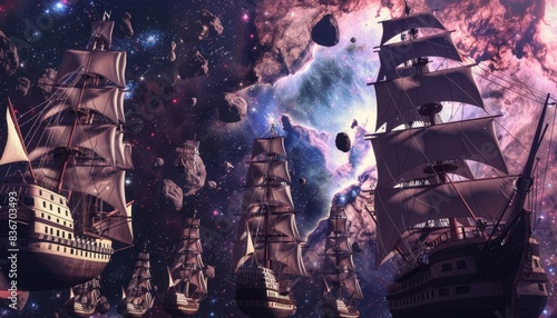 3D Model Abstract Art of Deep space voyaging abstract celestial armada of exploratory tall ships navigating nebulae