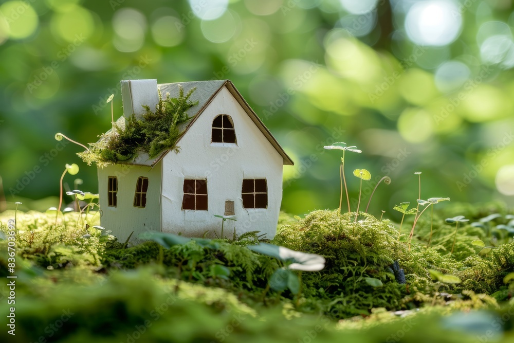 Eco-friendly paper house on moss in garden - sustainable architecture concept with natural decor Eco-friendly paper house on moss in garden - sustainable architecture concept with natural decor