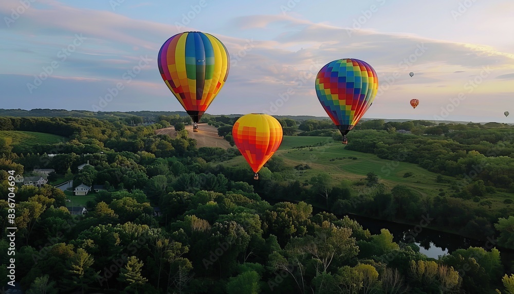Naklejka premium Up, Up, and Away: Captivating Views of a Hot Air Balloon in Burlington, WI