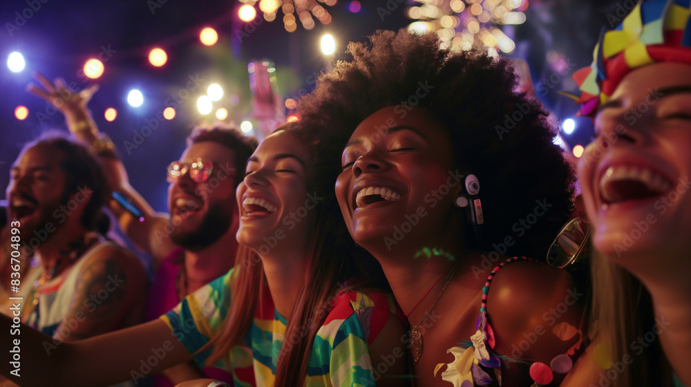 A group of friends in colorful festival attire sway to the rhythm of upbeat music at an outdoor concert, their faces beaming with joy under a star-studded sky A group of friends in colorful festival attire sway to the rhythm of upbeat music at an outdoor concert, their faces beaming with joy under a star-studded sky