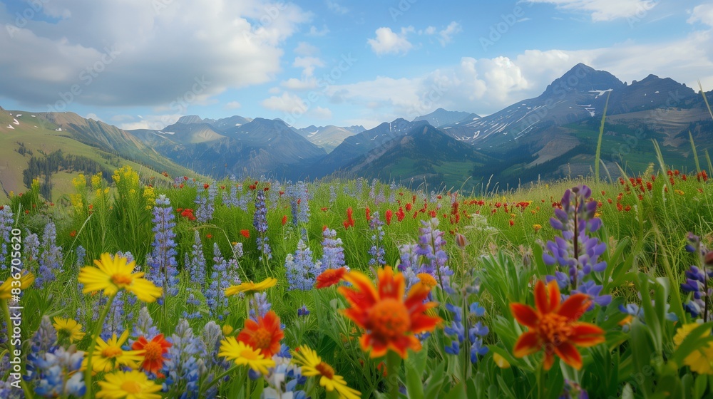 Fototapeta premium Mountain Meadow Bliss under Blue Sky