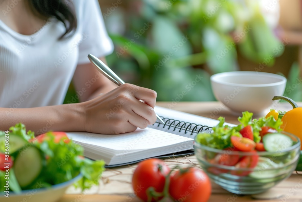Planning a Balanced Diet for Weight Loss - Woman Writing Meal Note for Healthy Eating and Nutrition Control Planning a Balanced Diet for Weight Loss - Woman Writing Meal Note for Healthy Eating and Nutrition Control