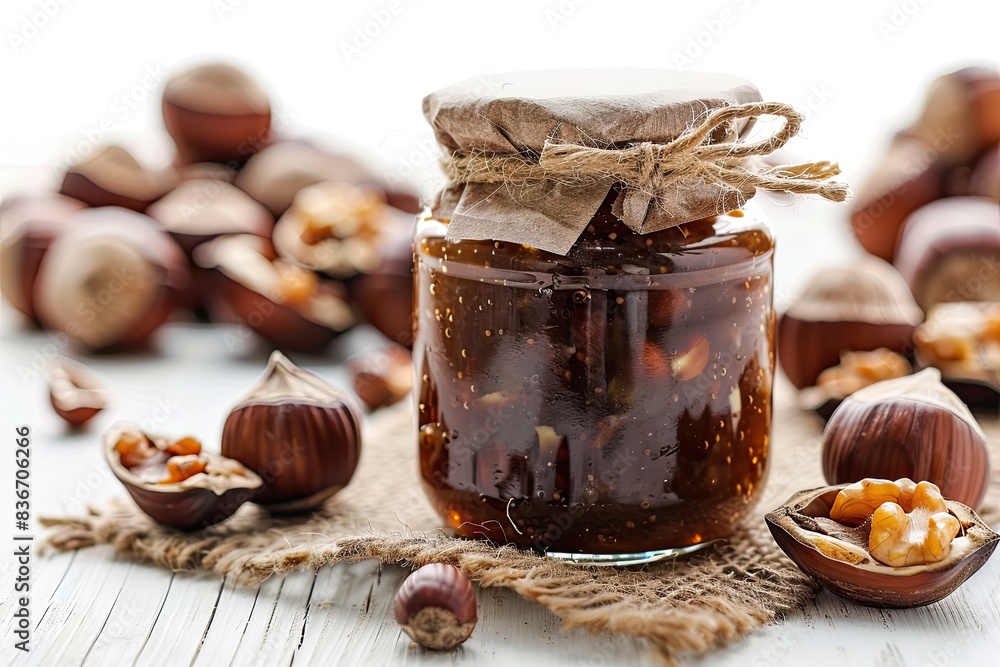 A jar of homemade Hazelnut jam isolated on white background A jar of homemade Hazelnut jam isolated on white background