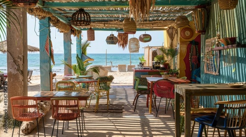 A beachside cafe using furniture and decor made from recycled ocean plastics generated by AI