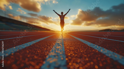 On the race track, a sprinter breaks a world record, crossing the finish line with arms raised in triumph