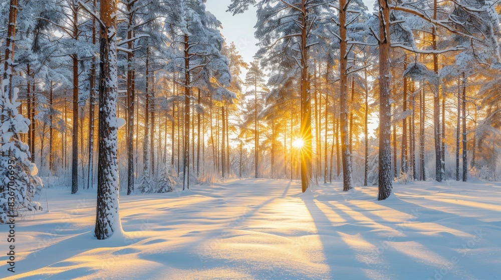 Winter Sunset in a Snowy Pine Forest Winter Sunset in a Snowy Pine Forest