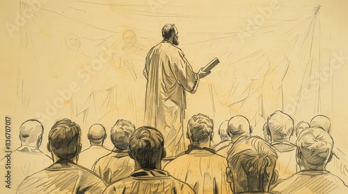 Biblical Illustration of Saint Aedh mac Brénainn preaching to a crowd, reflecting his role as a missionary and leader. Simple yet inspiring setting, attentive listeners, divine presence.  photo