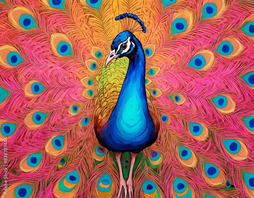 Fototapeta premium Vibrant Peacock with Open Tail Feathers on Colorful Abstract Background