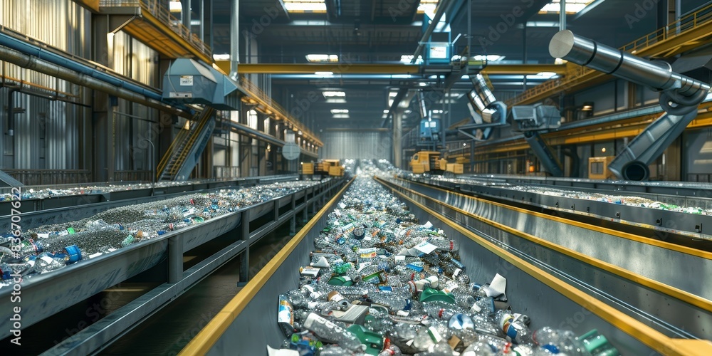 Fototapeta premium A futuristic recycling facility with robots sorting through waste generated by AI