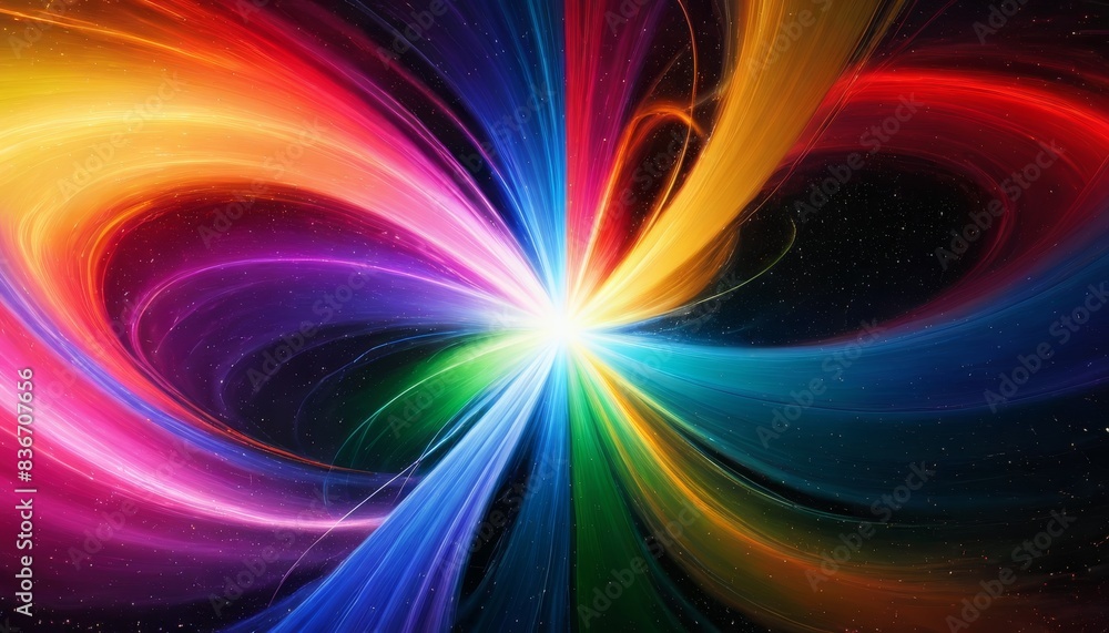 An explosion of vibrant multicolored light in a cosmic setting, with streams of colors converging at the center. The energetic and bright composition is ideal for abstract and space-themed designs An explosion of vibrant multicolored light in a cosmic setting, with streams of colors converging at the center. The energetic and bright composition is ideal for abstract and space-themed designs