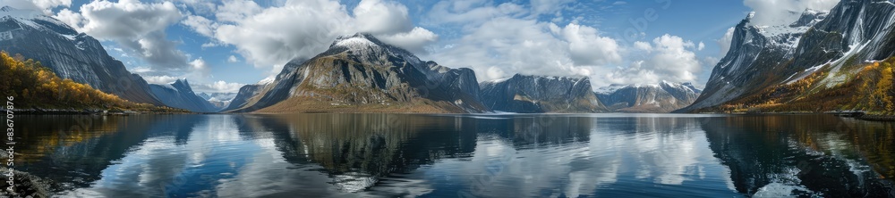 Panoramic landscape of a tranquil mountain lake surrounded by lush greenery and majestic mountains under a clear blue sky. Panoramic landscape of a tranquil mountain lake surrounded by lush greenery and majestic mountains under a clear blue sky.