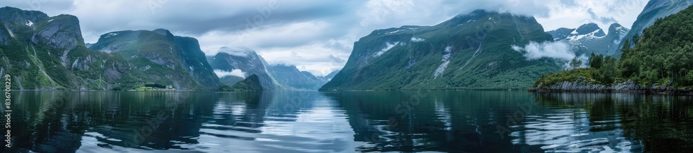 Panoramic landscape of a tranquil mountain lake surrounded by lush greenery and majestic mountains under a clear blue sky. Panoramic landscape of a tranquil mountain lake surrounded by lush greenery and majestic mountains under a clear blue sky.