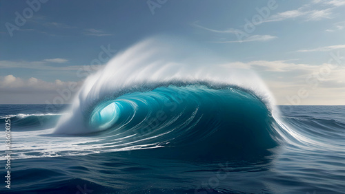 Colossal waves surge across the boundless ocean, showcasing nature's untamed might.