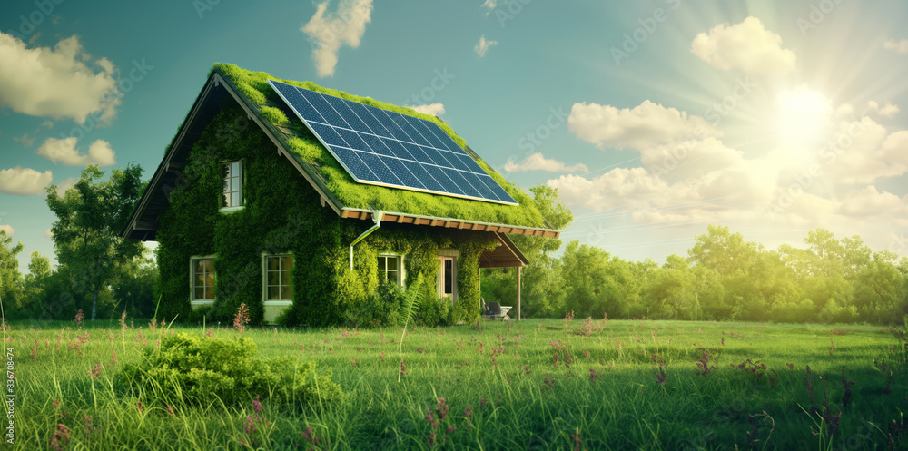Obraz premium Eco-Friendly House with Solar Panels and Green Roof in Peaceful Rural Setting