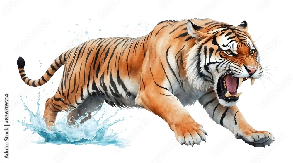 Obraz premium tiger roaring with water splashes, watercolor background