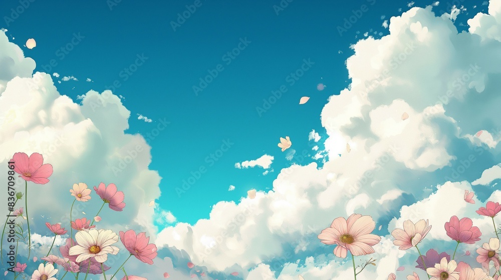 Butterflies and flowers fluttering, blue sky and white sphere, hand drawn animation style Butterflies and flowers fluttering, blue sky and white sphere, hand drawn animation style