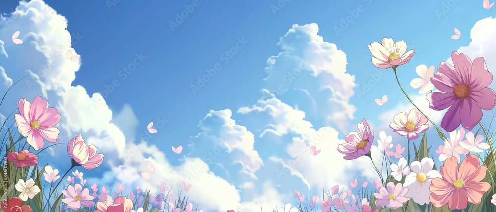 Butterflies and flowers fluttering, blue sky and white sphere, hand drawn animation style Butterflies and flowers fluttering, blue sky and white sphere, hand drawn animation style