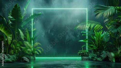 Tropical plants and neon light frame on dark background  green color  3d rendering