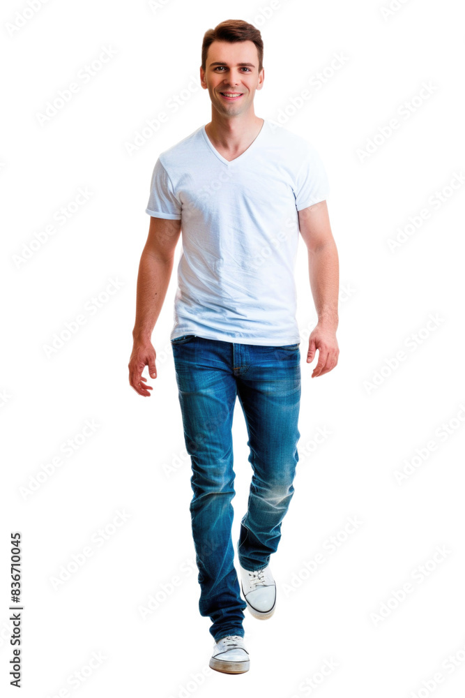 A young man walks confidently, dressed in casual attire. He wears a white t-shirt, blue jeans, and white sneakers. The background is isolated A young man walks confidently, dressed in casual attire. He wears a white t-shirt, blue jeans, and white sneakers. The background is isolated