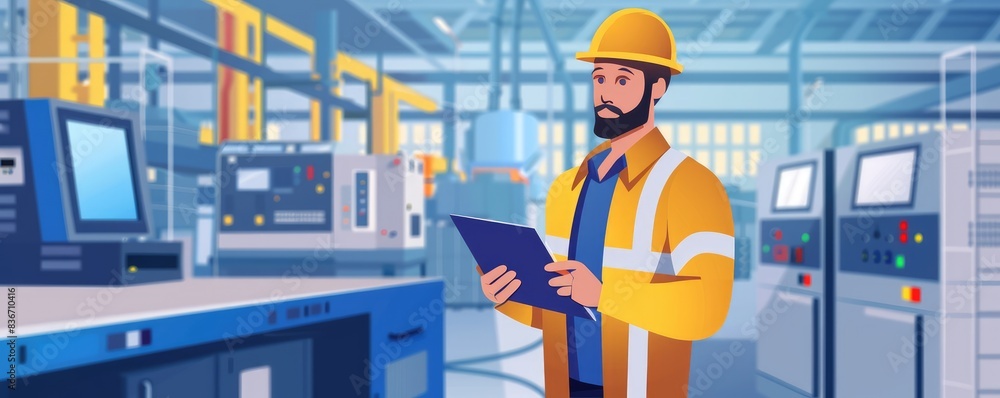 A digital illustration of workers with safety gear operating heavy machinery in a modern industrial rooms. A digital illustration of workers with safety gear operating heavy machinery in a modern industrial rooms.