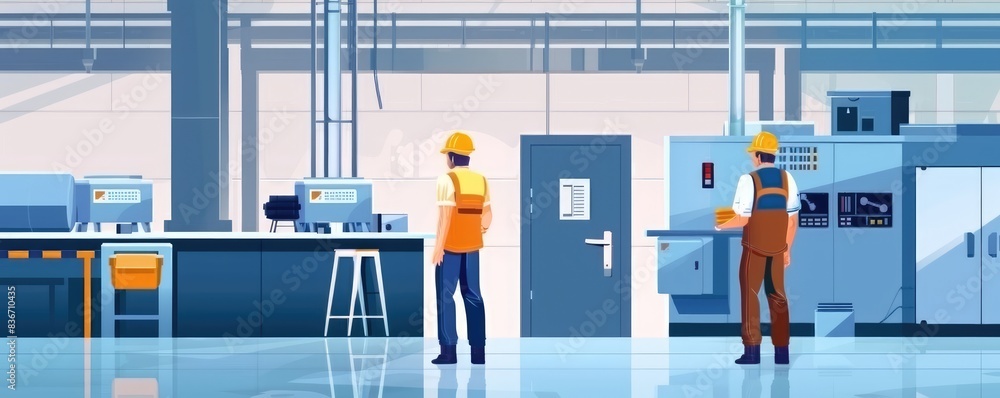 A digital illustration of workers with safety gear operating heavy machinery in a modern industrial rooms. A digital illustration of workers with safety gear operating heavy machinery in a modern industrial rooms.