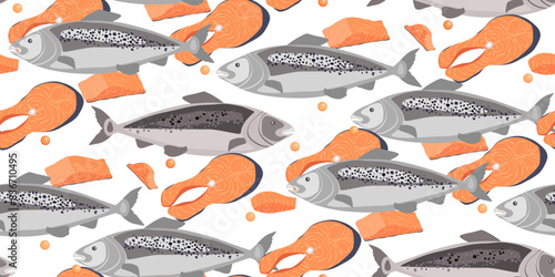 Salmon whole red fish, raw steaks, fillet and caviar flat style isolated on white. Fresh organic seafood for restaurant, sushi bar menu. Healthy and tasty food ideas. Seamless vector illustration