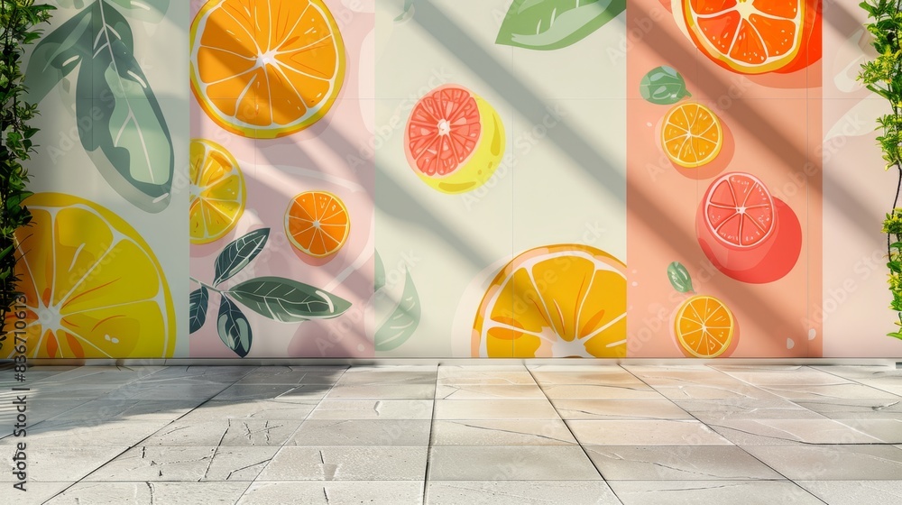 © Chuemon - cheerful summer promotion background with citrus fruit patterns on the walls and light stone floors.