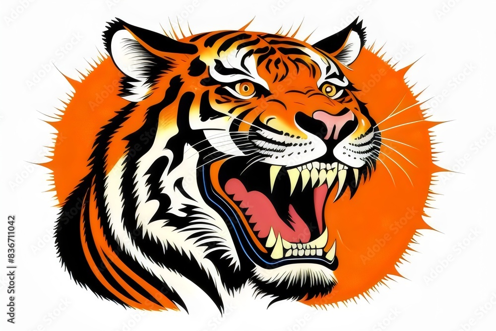 Fototapeta premium a cartoon fierce, angry, bengal tiger, mascot, t-shirt design, illustration, wild, animal, stripes, roar, claws, teeth, predator, jungle, nature, aggressive, strong, powerful, orange, black