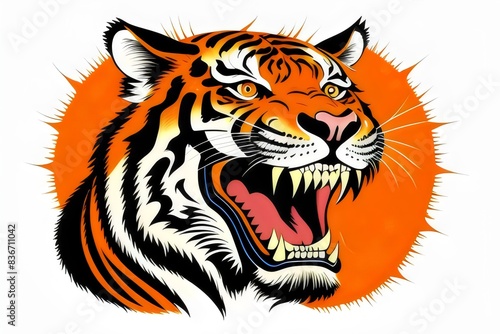 a cartoon fierce, angry, bengal tiger, mascot, t-shirt design, illustration, wild, animal, stripes, roar, claws, teeth, predator, jungle, nature, aggressive, strong, powerful, orange, black