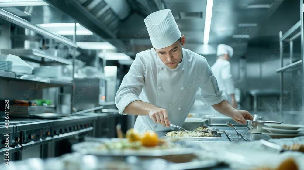 A chef is preparing food in a kitchen with a white hat on A chef is preparing food in a kitchen with a white hat on