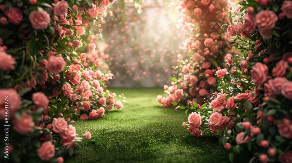 garden party summer promotion background with rose-covered walls and grassy green floors. garden party summer promotion background with rose-covered walls and grassy green floors.
