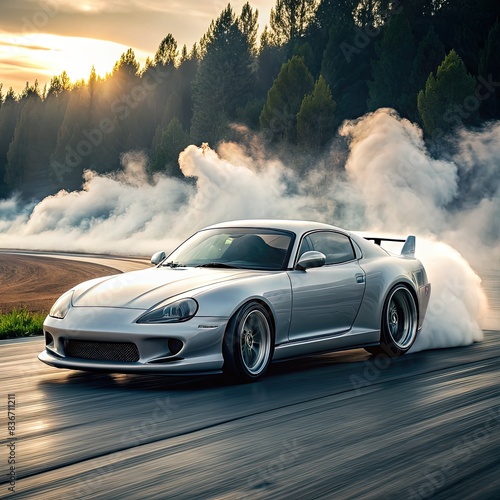 Silver Sports Car Drifting on Track at Sunset. Generative AI © Irina