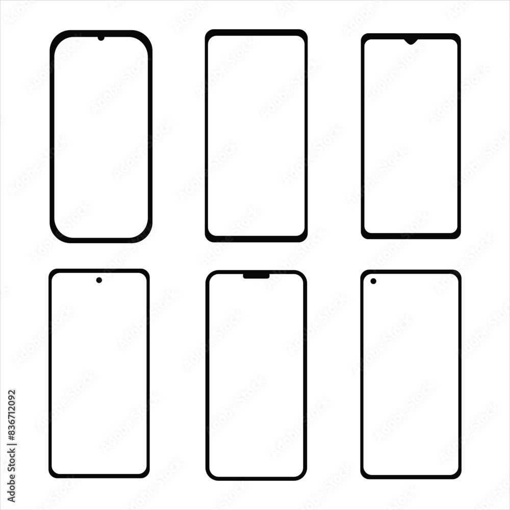Latest 2D flat set mockup of various black smart mobile phone icons shows different cell phone models from the front view. Latest 2D flat set mockup of various black smart mobile phone icons shows different cell phone models from the front view.
