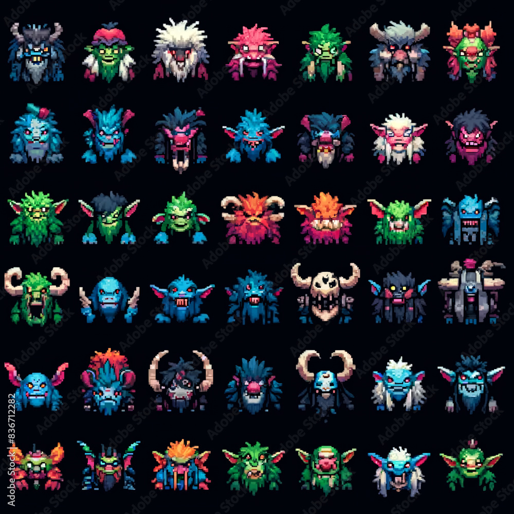 RPG trolls pixel art icons spritesheet with unique designs Stock ...