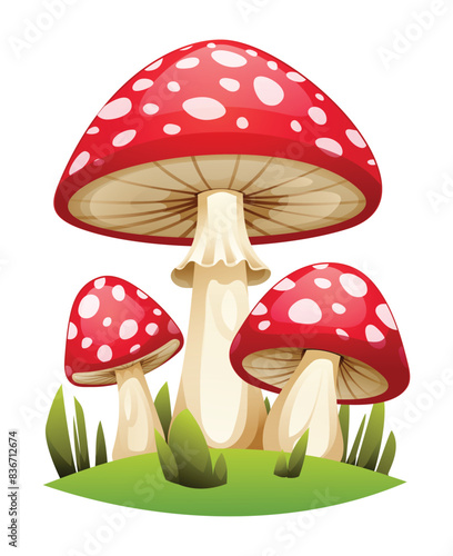 Red mushrooms with grass vector illustration isolated on white background