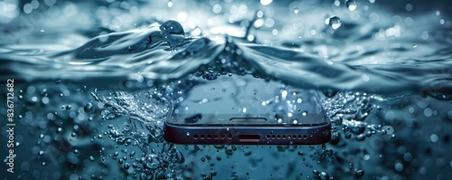 Splashproof water-resistant and waterproof smartphone under water graphic --ar 5:2 Job ID: 641d318f-74fe-4b06-af88-749664049184