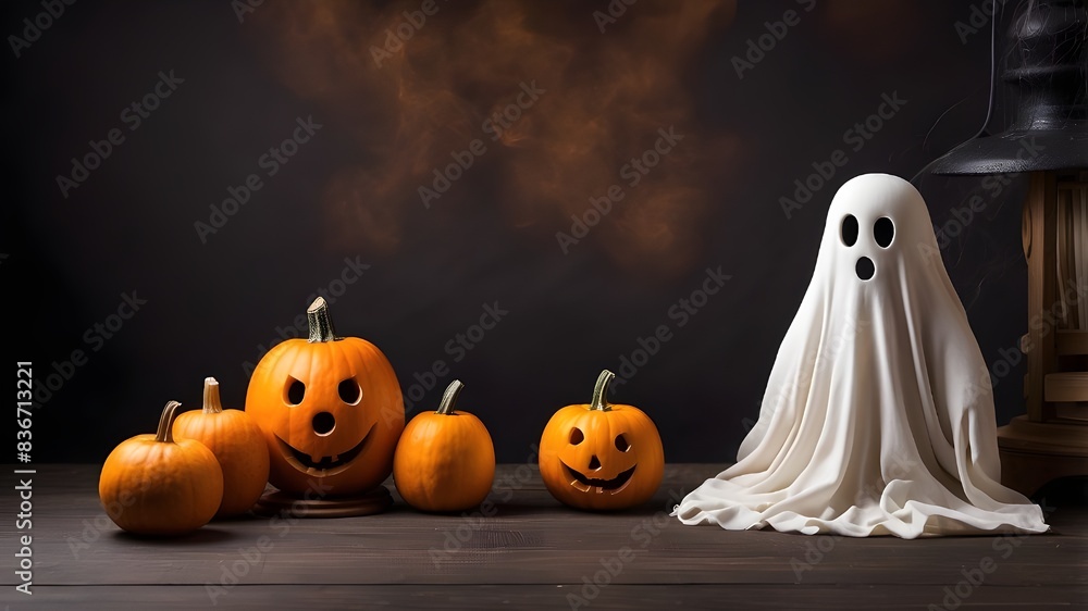 Halloween ghost with writing space and an orange backdrop Halloween ghost with writing space and an orange backdrop
