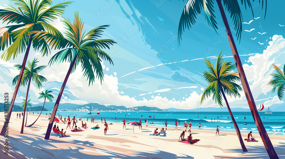 Fototapeta premium a scenic beach view with palm trees and crowd, bright sky.