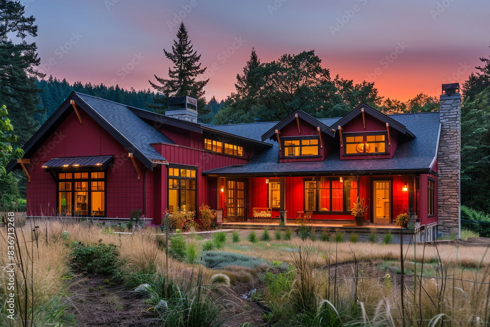 Obraz premium Modern Craftsman Style New Construction Crimson House with Clean Lines and Spacious Interiors in a Peaceful Valley Setting
