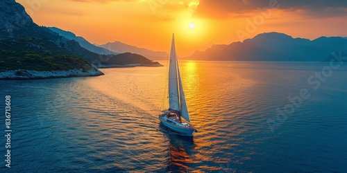 luxury yacht sailing in the middle of the sea beside an island and mountains in the horizon at sunset as wide banner with copyspace area for text - Generative AI photo