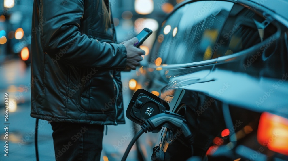 Obraz premium A man holding a smartphone while charging his car at an electric vehicle charging station.