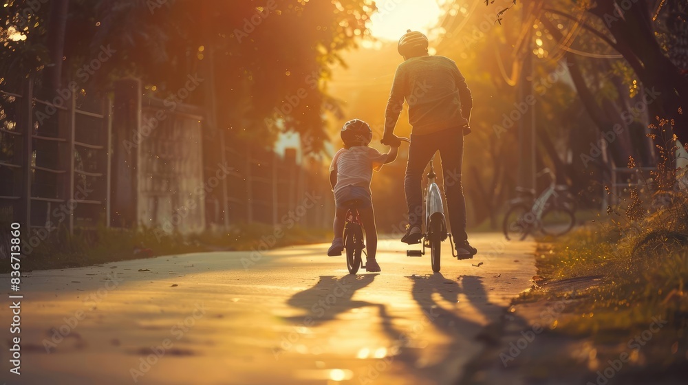Bike Riding Dad teaching his child how to ride a bicycle Bike Riding Dad teaching his child how to ride a bicycle